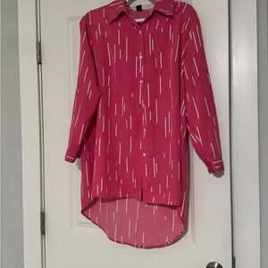 Pink Button-Up Shirt with White Stripes